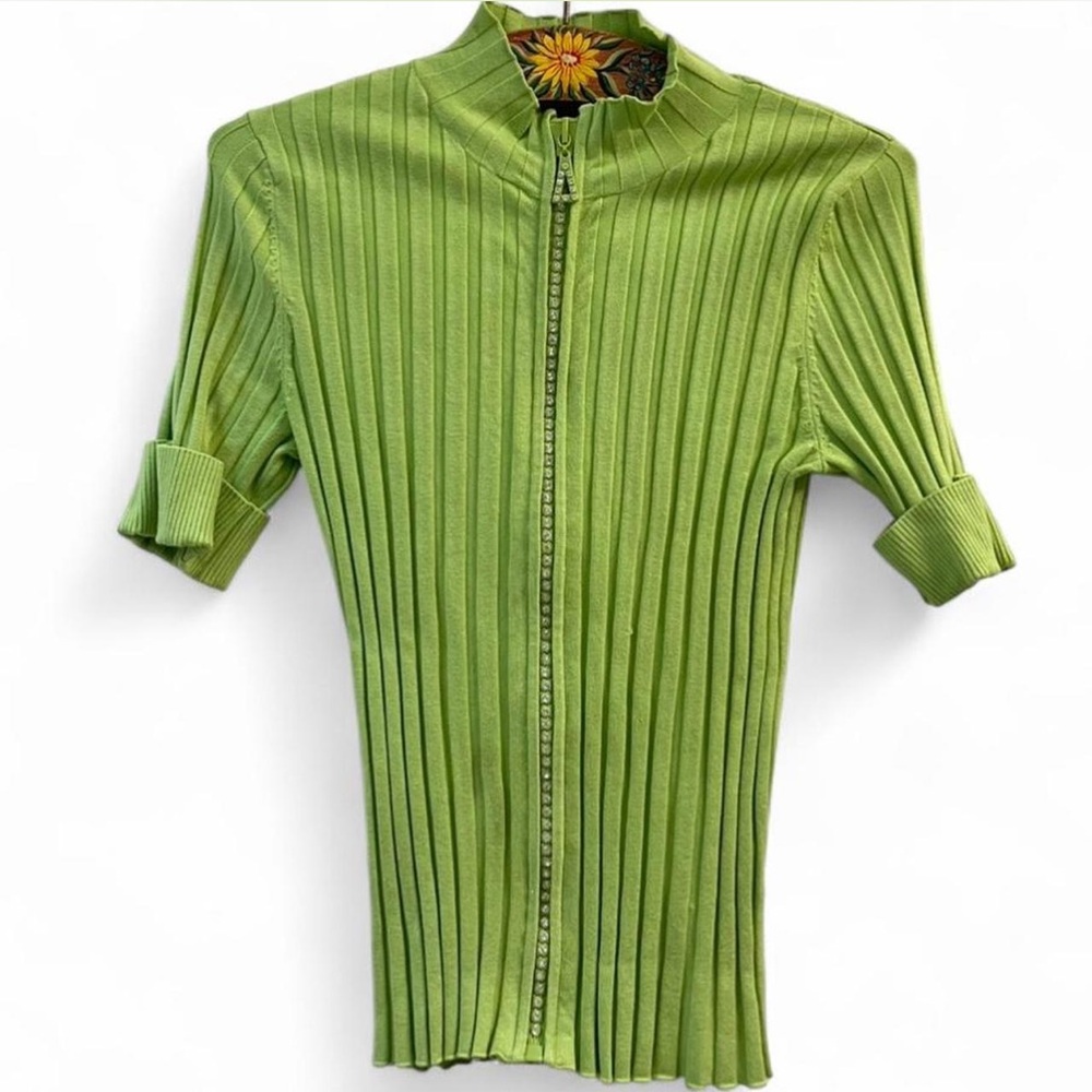 Vintage Belldini Rhinestone Full Zip Lime Green Ribbed Sweater Top